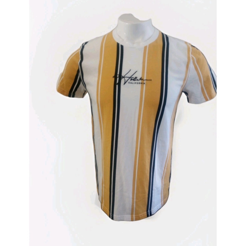 Hollister T Shirt M Black Yellow White Vertical Stripe Crew Neck Rugby Surf Logo